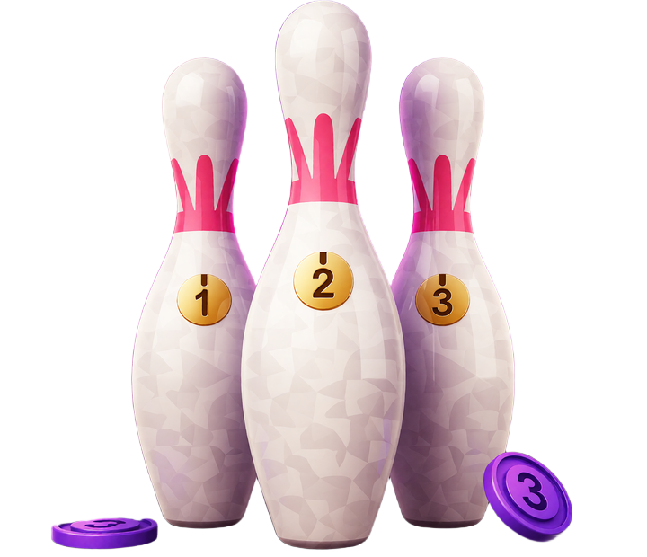 Drei nummerierte Neon-Bowling-Pins erkl&auml;ren den Willkommensbonus des DudeSpin Online Casino