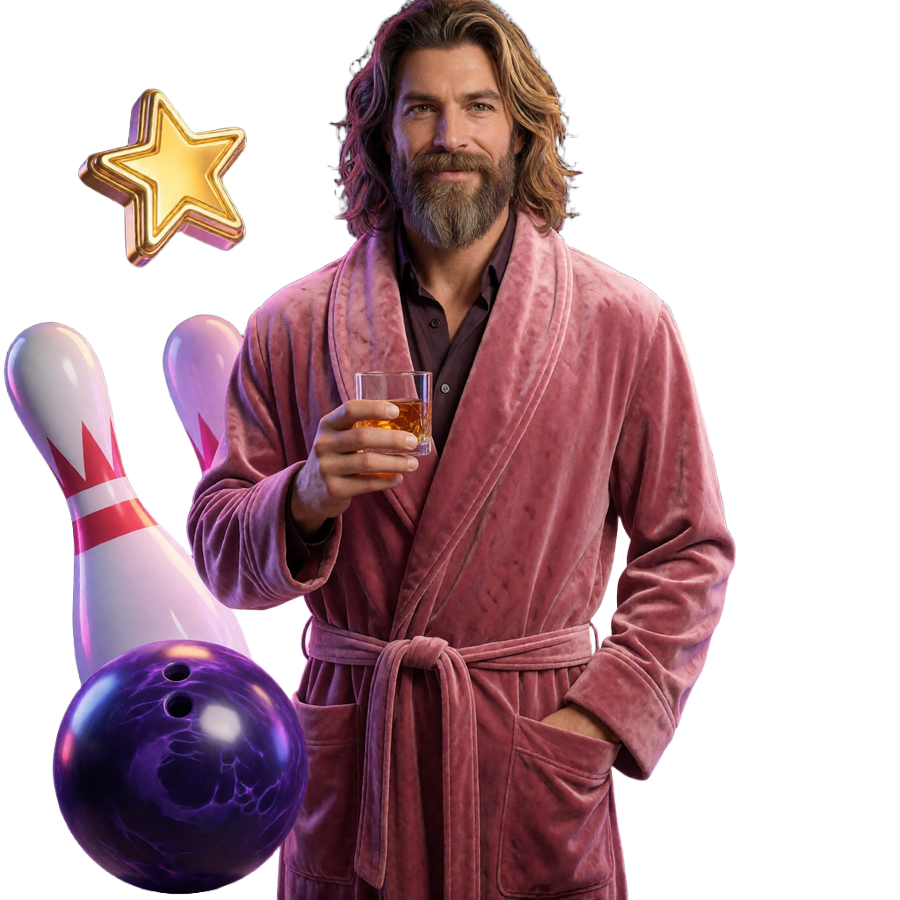 The Dude im rosa Bademantel mit Neon-Pins, Bowlingkugel und Symbolen f&uuml;r Online Slots bei DudeSpin