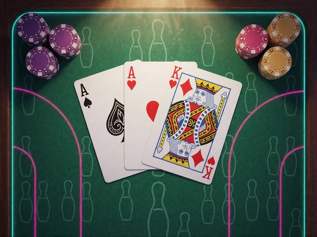 Blackjack-Karten und Chips auf einem Neon-Tisch zeigen klassische Casino Spiele bei DudeSpin