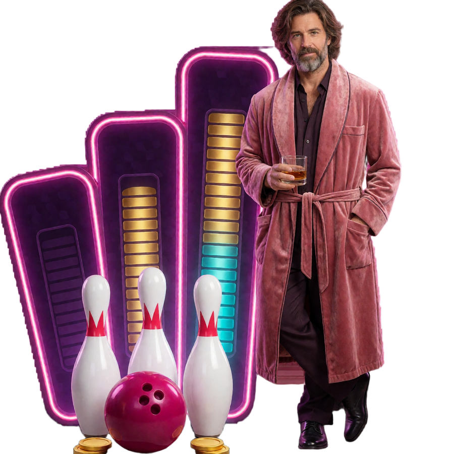 The Dude im rosa Bademantel erkl&auml;rt drei Bonusstufen mit Pins und Kugel beim DudeSpin Casino Bonus
