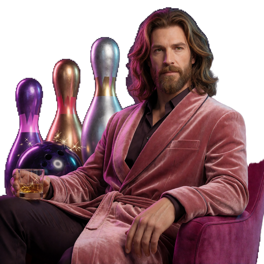 The Dude im rosa Bademantel mit f&uuml;nf Bowling-Pins f&uuml;r die Stufen des DudeSpin VIP Casino