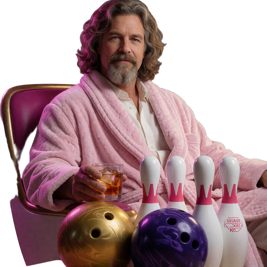 The Dude im rosa Bademantel mit Glas, Bowling-Pins und Kugeln als Maskottchen des Online Casino